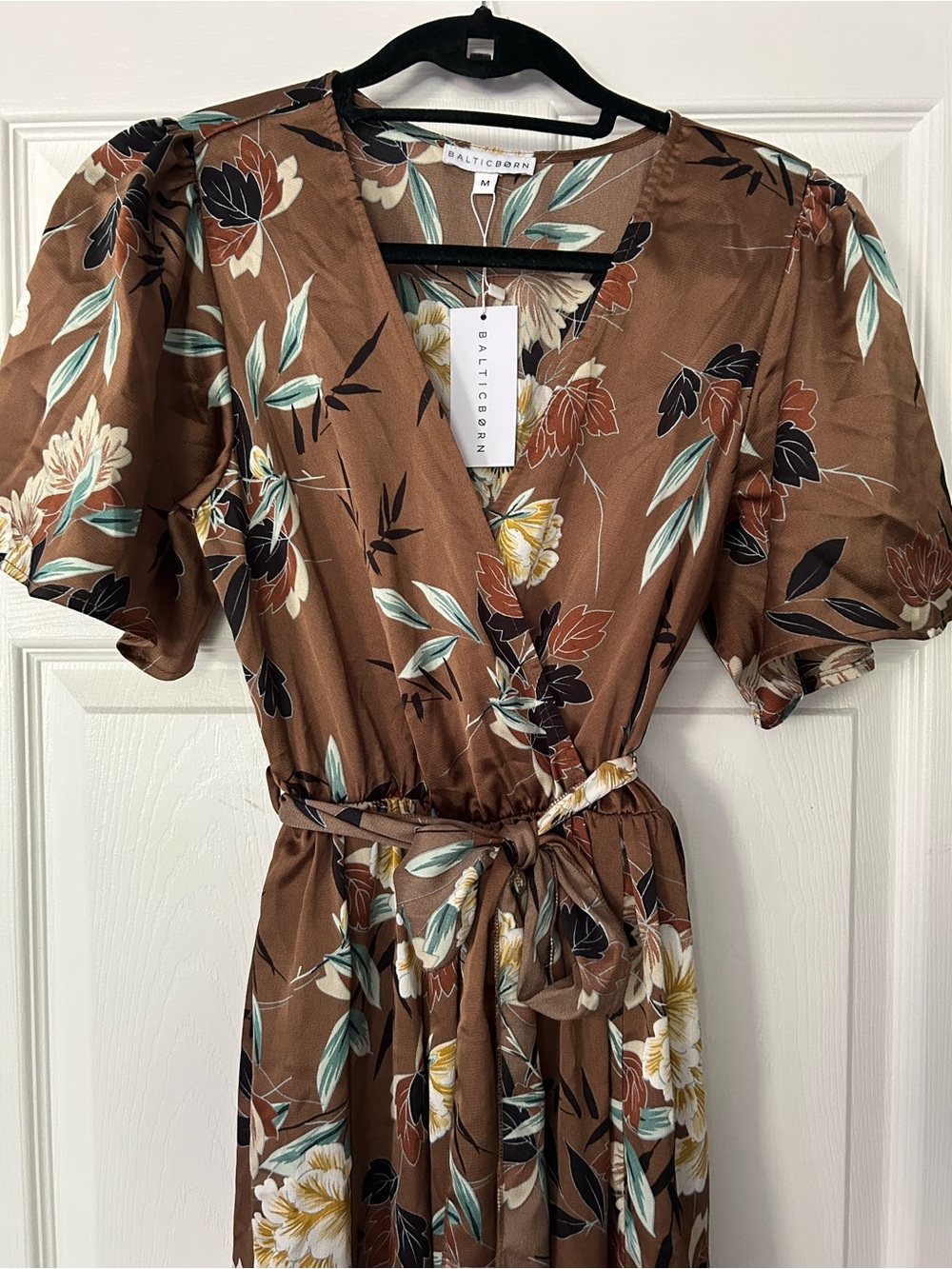 Baltic Born Sicily Brown Floral Maxi Faux-Wrap Dress with Mint & Cream Accents